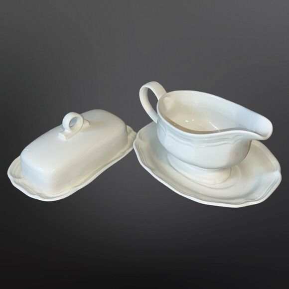 4 PC White Mikasa French Countryside Gravy Boat With Plate & Covered Butter Dish - Picture 1 of 9